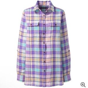 Lands End Linen Button Front Utility Tunic Top In Purple Madras Size S